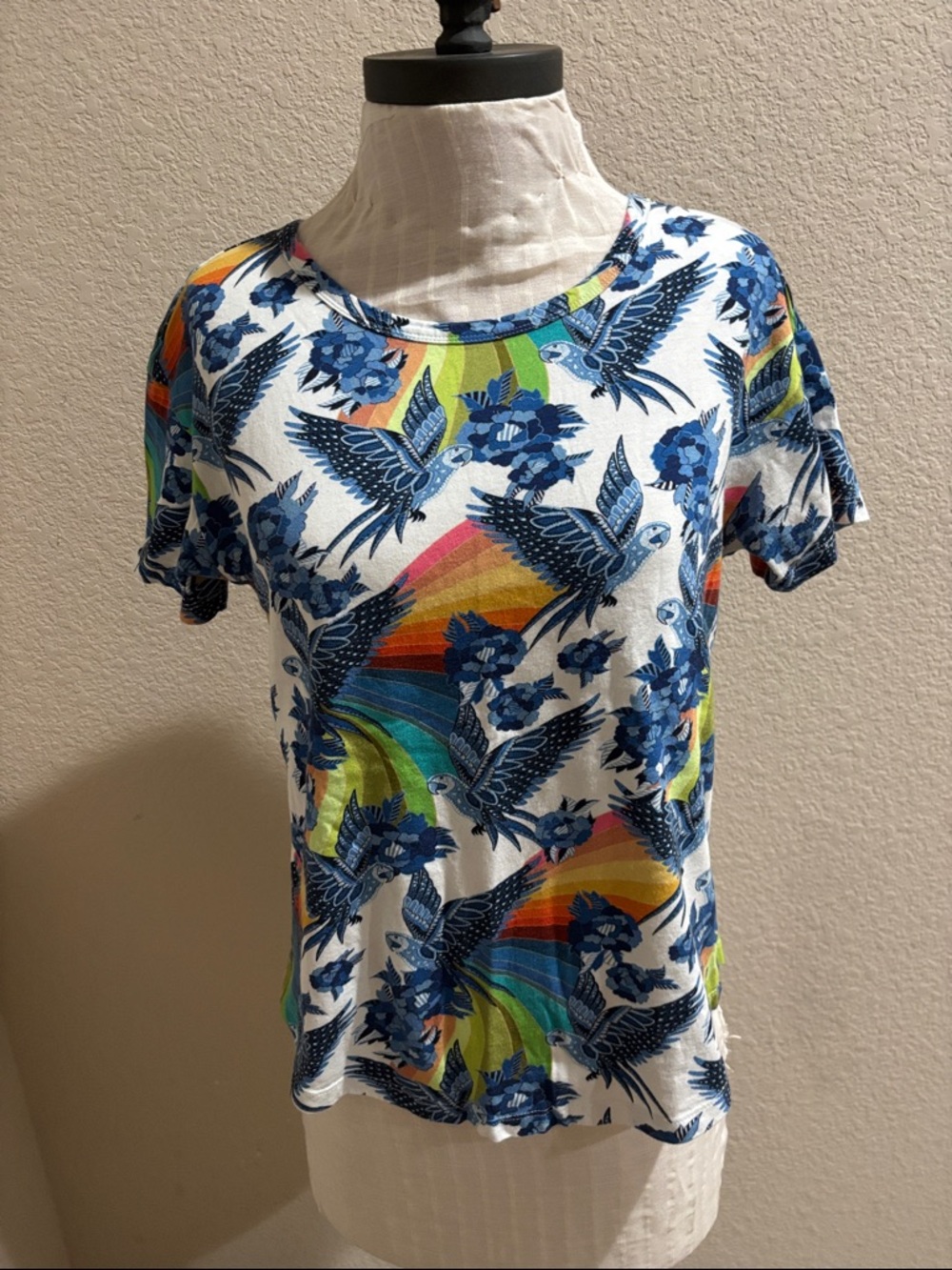 Farm Rio for Anthropologie White Tee with Blue Parrot & Rainbow Accents